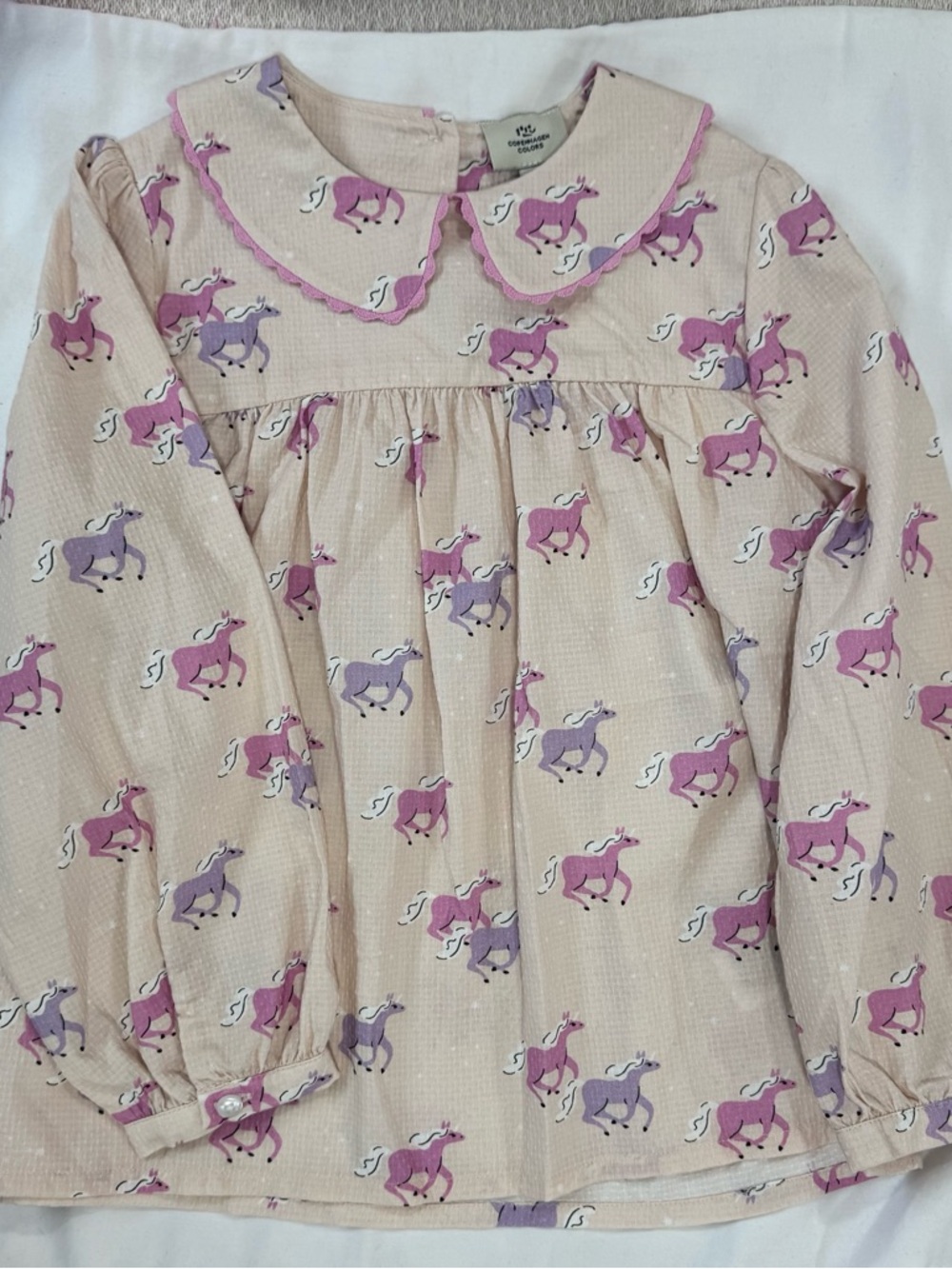 Girls' Light Pink Pony Print Long-Sleeve Top with Scalloped Collar